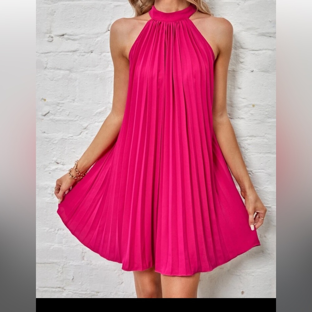 Hot Pink Pleated Halter Dress💖